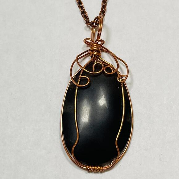 Handmade Obsidian Cabochon Stone Wire Wrapped Necklace Pendant Apache Tear - Picture 1 of 3